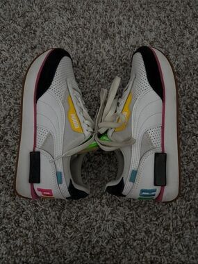Puma White Sneakers with Black, Pink & Yellow Accents